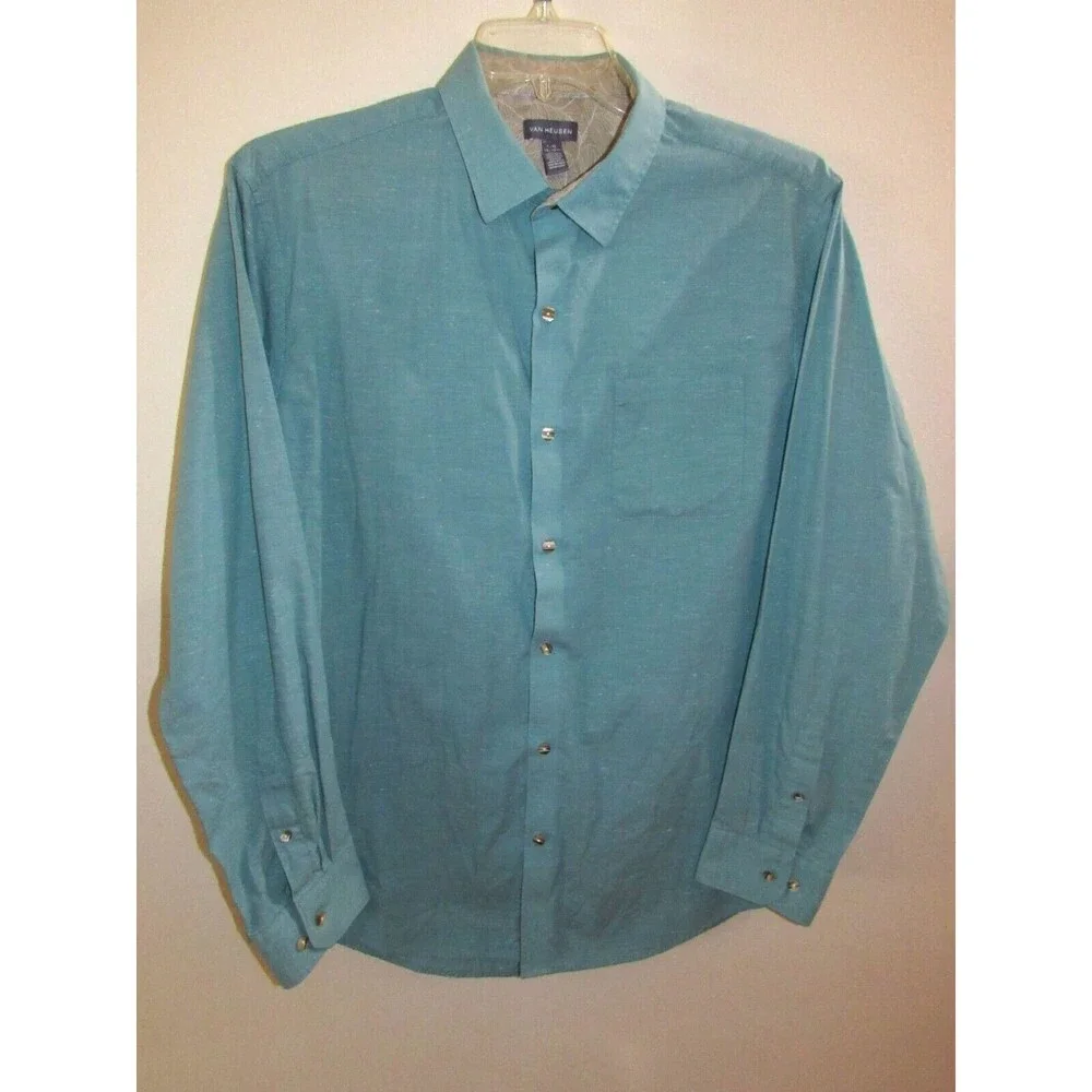 Van Heusen Shirt Mens L Green Heathered Long Sleeve Button Up 16 16.5 Contrast